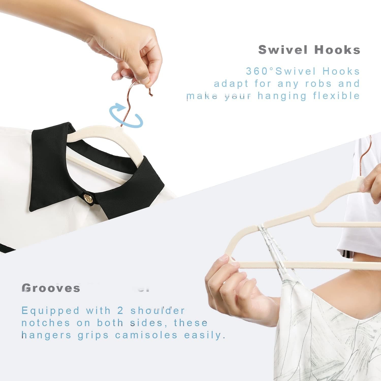 Ivory and Rose Gold Velvet Hangers with Non-Slip Design and 360-Degree Swivel Hook - Durable Clothes Hangers for Coats, Suits, Shirts, Dresses, and Pants (Pack of 50)