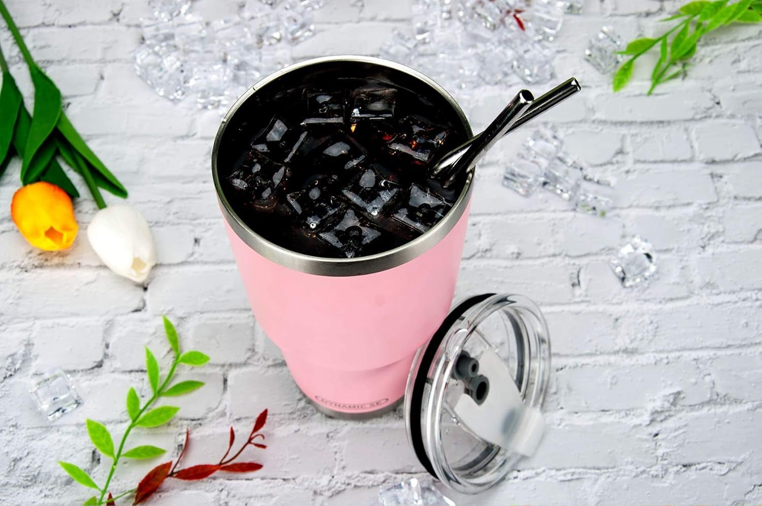 30 oz Double Wall Stainless Steel Vacuum Insulated Travel Mug with Splash-Proof Lid, Metal Straw, and Cleaning Brush - Pink