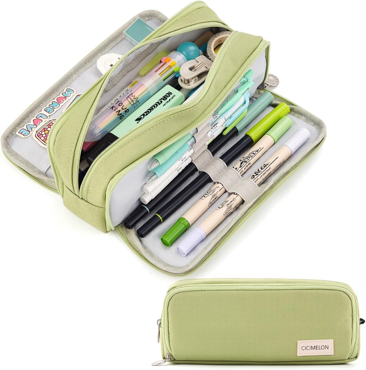 Large Capacity 3-Compartment Pencil Case Pouch for School - Versatile Pen Bag for Teens and Adults (Green)