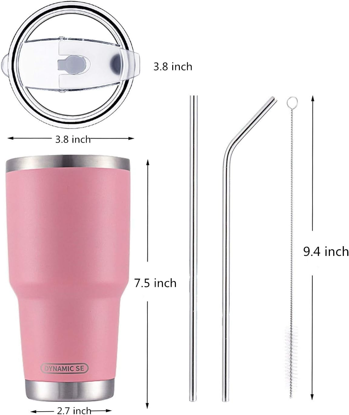 30 oz Double Wall Stainless Steel Vacuum Insulated Travel Mug with Splash-Proof Lid, Metal Straw, and Cleaning Brush - Pink