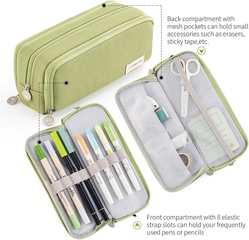 Large Capacity 3-Compartment Pencil Case Pouch for School - Versatile Pen Bag for Teens and Adults (Green)