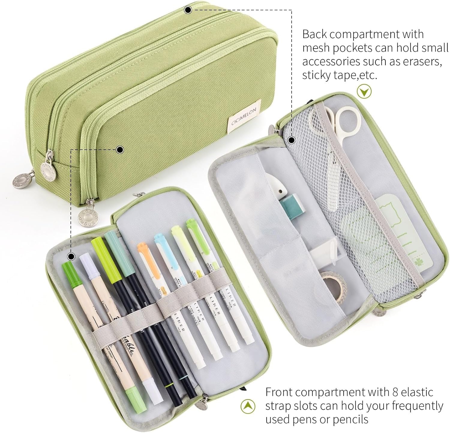 Large Capacity 3-Compartment Pencil Case Pouch for School - Versatile Pen Bag for Teens and Adults (Green)