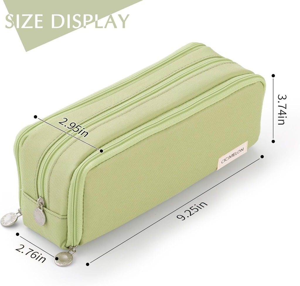 Large Capacity 3-Compartment Pencil Case Pouch for School - Versatile Pen Bag for Teens and Adults (Green)