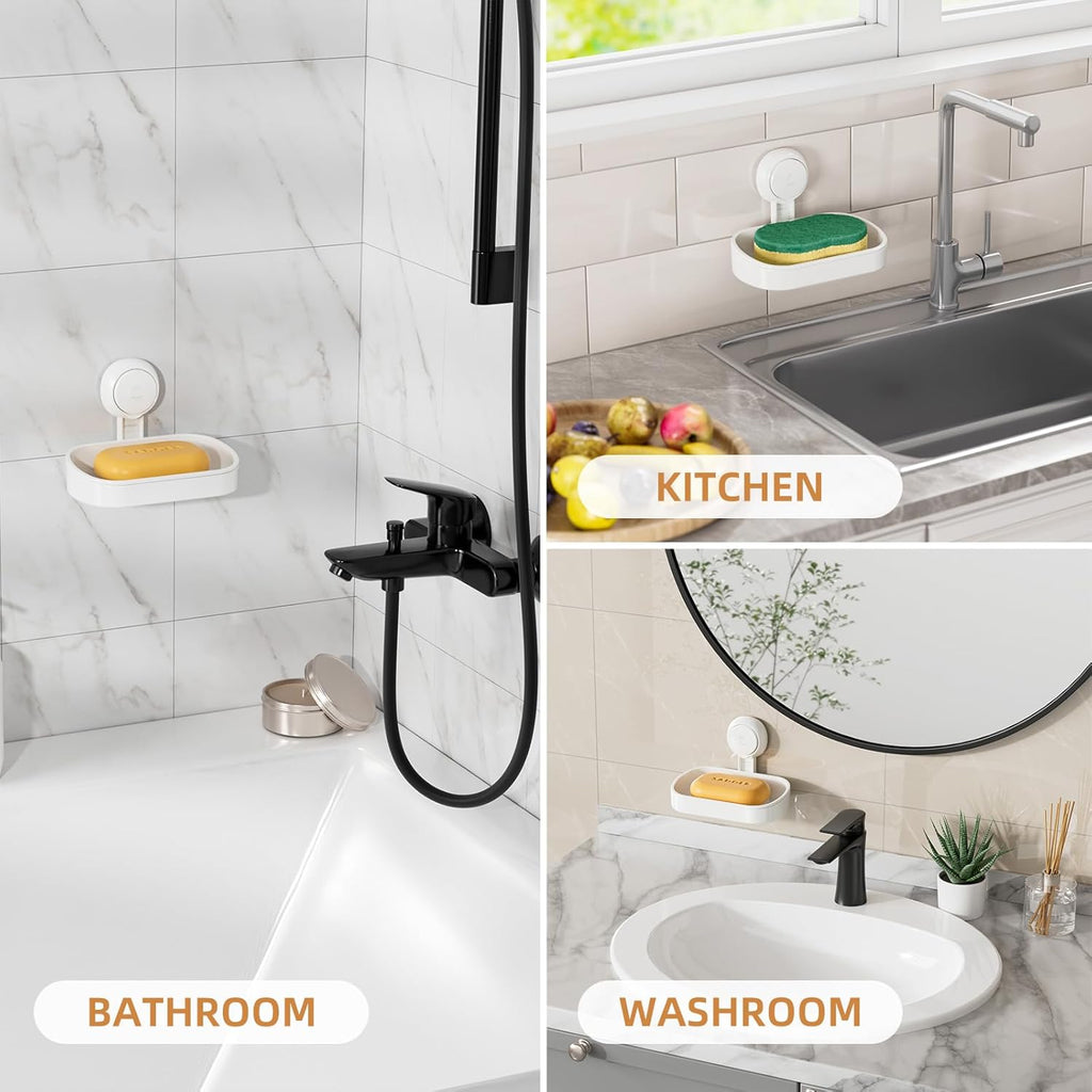 Wall-Mounted Soap Dish Holder with Suction Cup - Self-Draining, No-Drill Installation for Bathroom, Bathtub, and Kitchen Sink - Waterproof and Strong Vacuum Adhesion