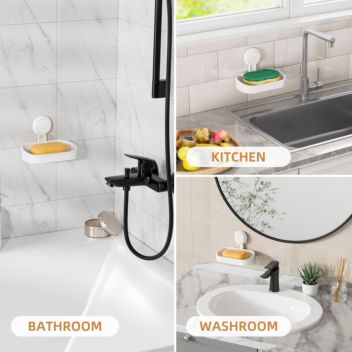 Wall-Mounted Soap Dish Holder with Suction Cup - Self-Draining, No-Drill Installation for Bathroom, Bathtub, and Kitchen Sink - Waterproof and Strong Vacuum Adhesion