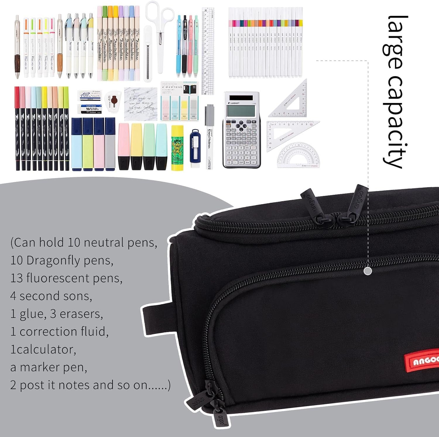 Large Capacity Pencil Case - Versatile Storage Pouch for Markers, Pens, and Stationery - Ideal for School, College, and Office Use - Black