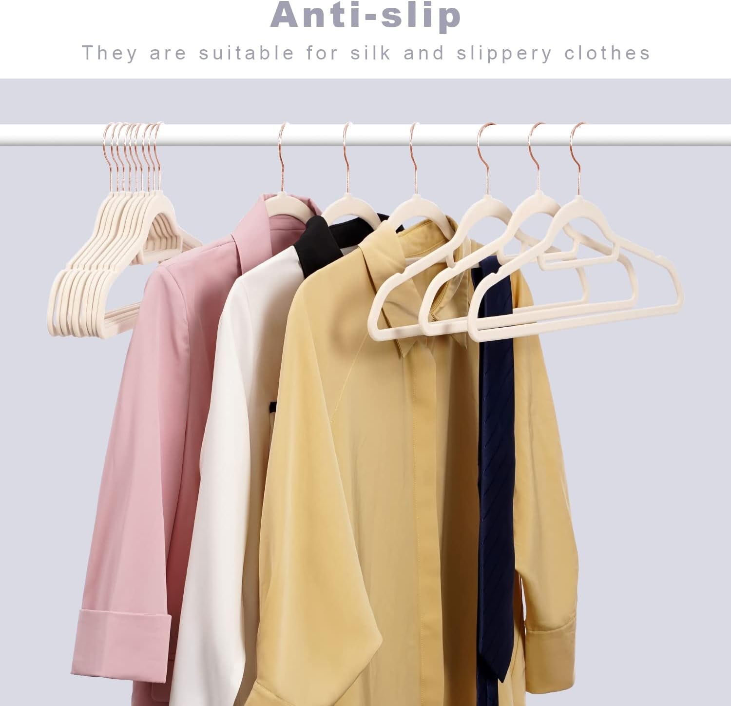 Ivory and Rose Gold Velvet Hangers with Non-Slip Design and 360-Degree Swivel Hook - Durable Clothes Hangers for Coats, Suits, Shirts, Dresses, and Pants (Pack of 50)