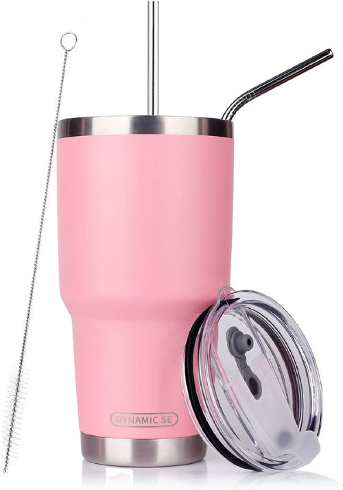 30 oz Double Wall Stainless Steel Vacuum Insulated Travel Mug with Splash-Proof Lid, Metal Straw, and Cleaning Brush - Pink