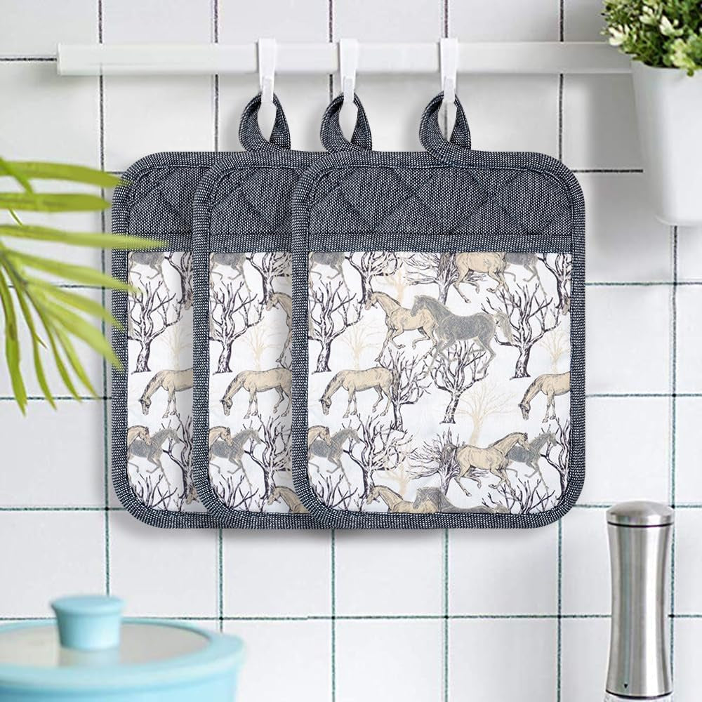 Set of 3 Heat Resistant Silicone Pot Holders with Non-Slip Design, Yarn-Dyed Cotton Hot Pads for Home Kitchen, Barbecue, and Microwave Use, Machine Washable (Gray)