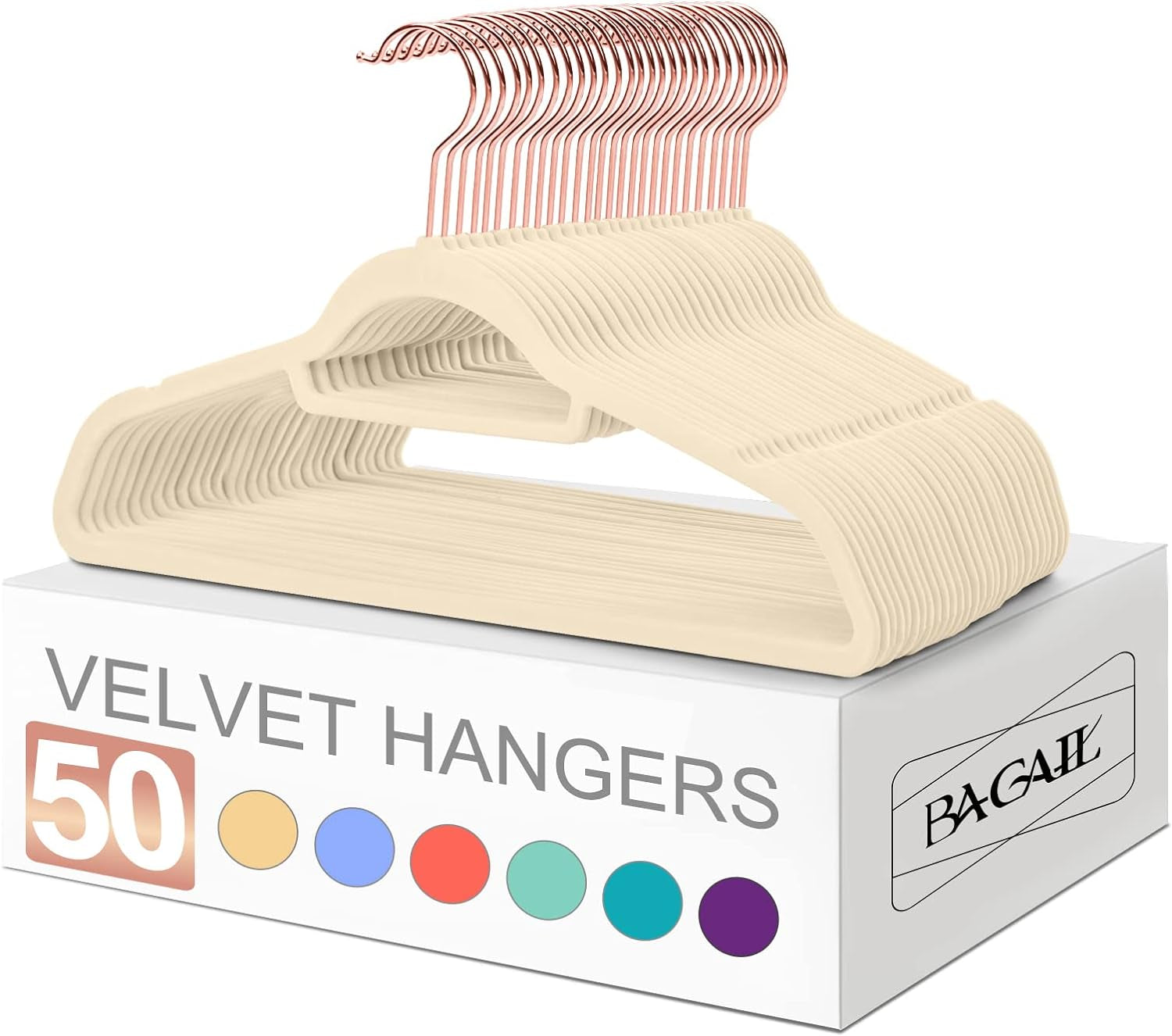Ivory and Rose Gold Velvet Hangers with Non-Slip Design and 360-Degree Swivel Hook - Durable Clothes Hangers for Coats, Suits, Shirts, Dresses, and Pants (Pack of 50)