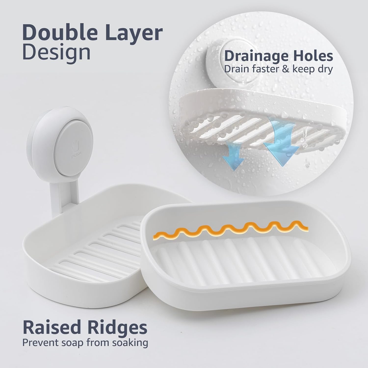 Wall-Mounted Soap Dish Holder with Suction Cup - Self-Draining, No-Drill Installation for Bathroom, Bathtub, and Kitchen Sink - Waterproof and Strong Vacuum Adhesion