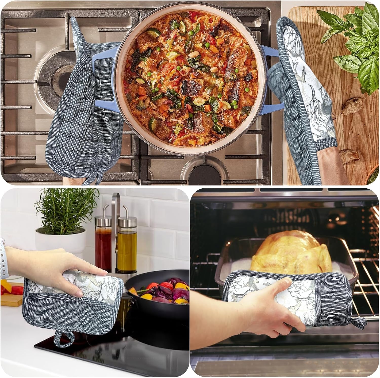 Set of 3 Heat Resistant Silicone Pot Holders with Non-Slip Design, Yarn-Dyed Cotton Hot Pads for Home Kitchen, Barbecue, and Microwave Use, Machine Washable (Gray)