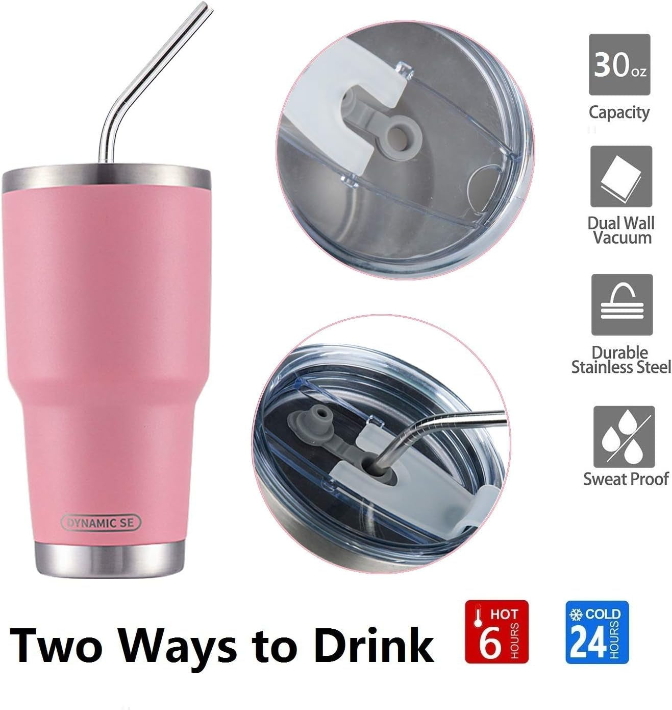 30 oz Double Wall Stainless Steel Vacuum Insulated Travel Mug with Splash-Proof Lid, Metal Straw, and Cleaning Brush - Pink