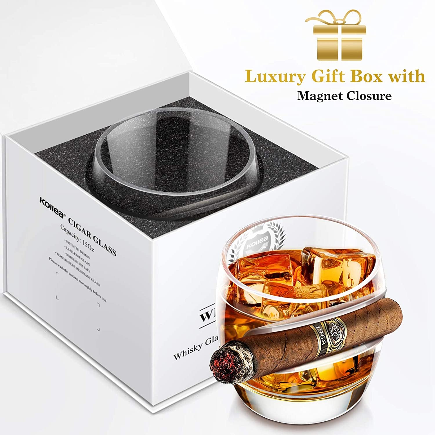 Classic Whiskey Cigar Glass Set - 15 Oz Whiskey Glass with Rest Holder, Ideal Gift for Men, Elegant Gift Box for Birthdays, Father's Day, Christmas, New Year, and Thanksgiving
