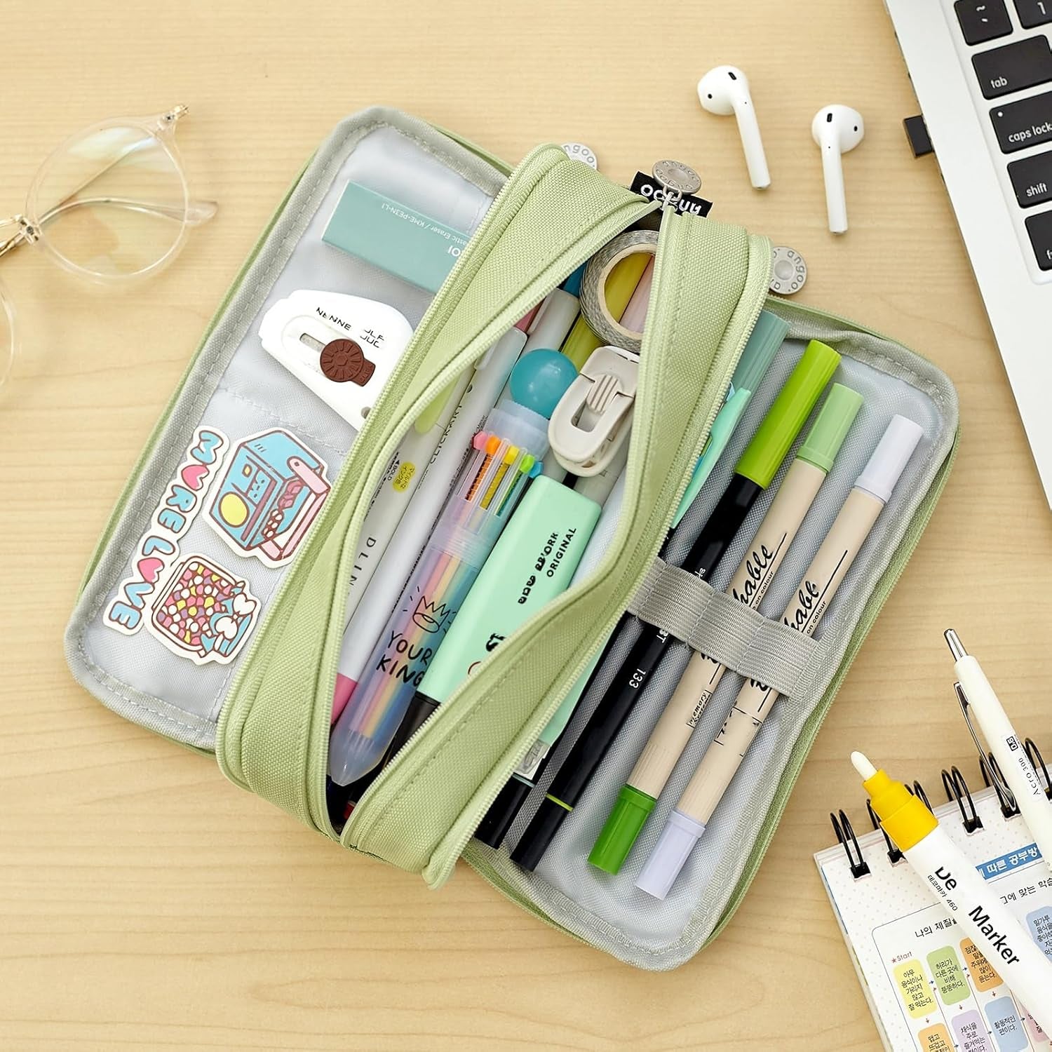 Large Capacity 3-Compartment Pencil Case Pouch for School - Versatile Pen Bag for Teens and Adults (Green)
