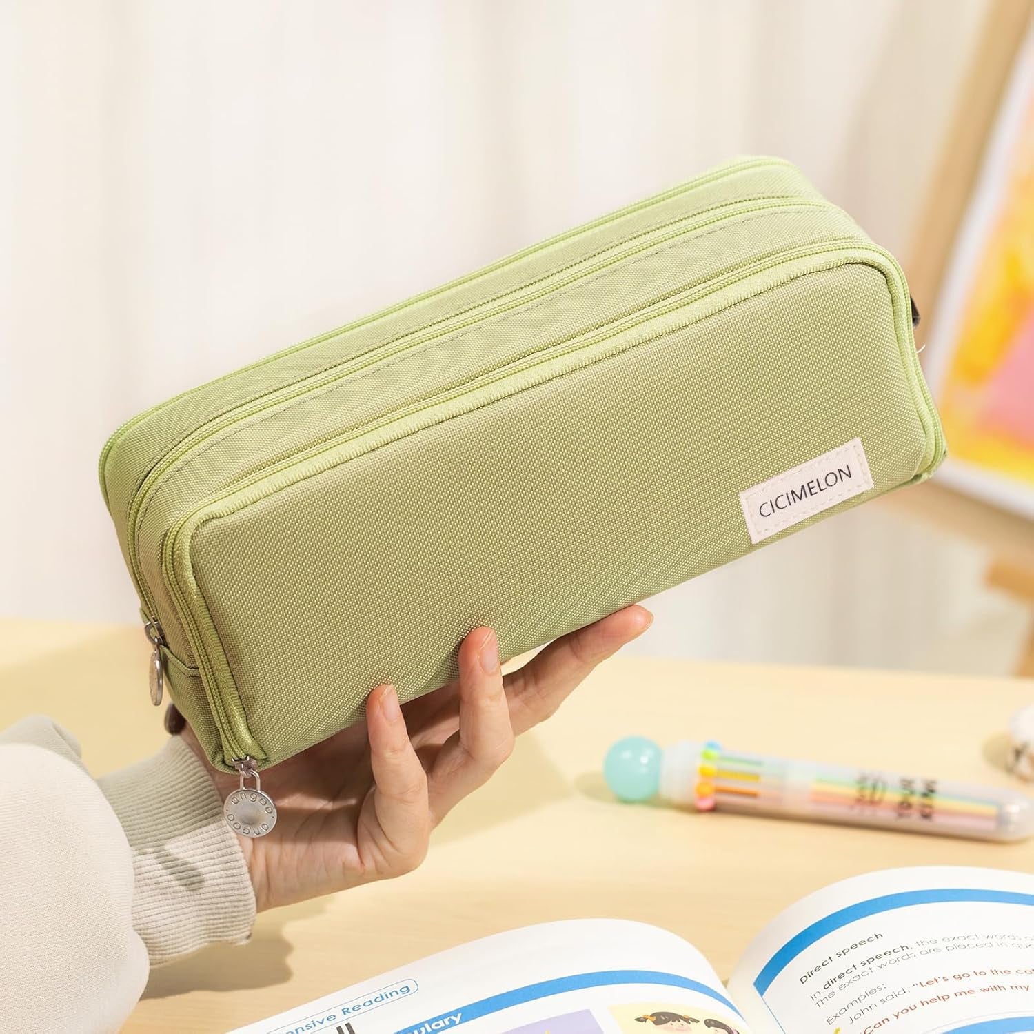 Large Capacity 3-Compartment Pencil Case Pouch for School - Versatile Pen Bag for Teens and Adults (Green)